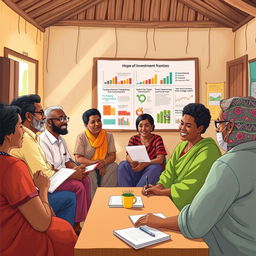 A vibrant illustration showing a community meeting in a small village where local experts discuss investment opportunities with people of various ages and backgrounds who have limited resources