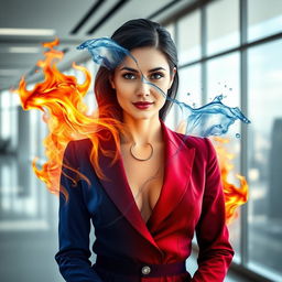 A mesmerizing portrait of a confident business woman, blending elements of water and fire around her to symbolize balance and power