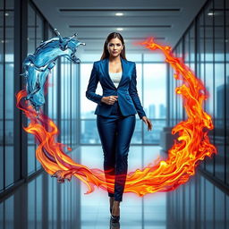 A mesmerizing portrait of a confident business woman, blending elements of water and fire around her to symbolize balance and power