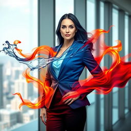 A mesmerizing portrait of a confident business woman, blending elements of water and fire around her to symbolize balance and power