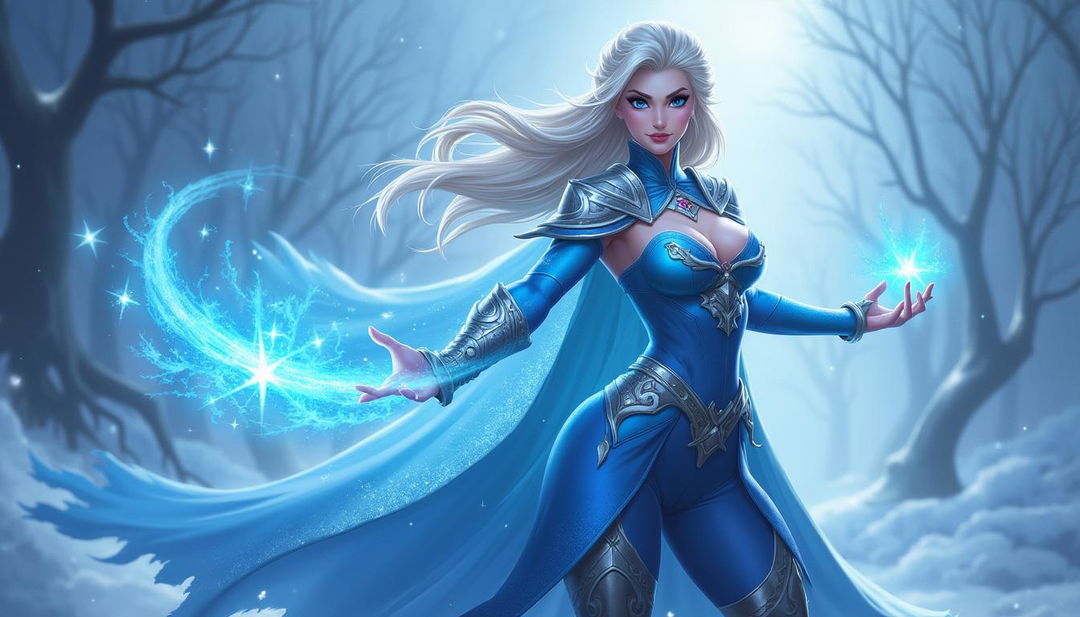 Elsa from Frozen reimagined as a League of Legends champion, showcasing dynamic character promo art