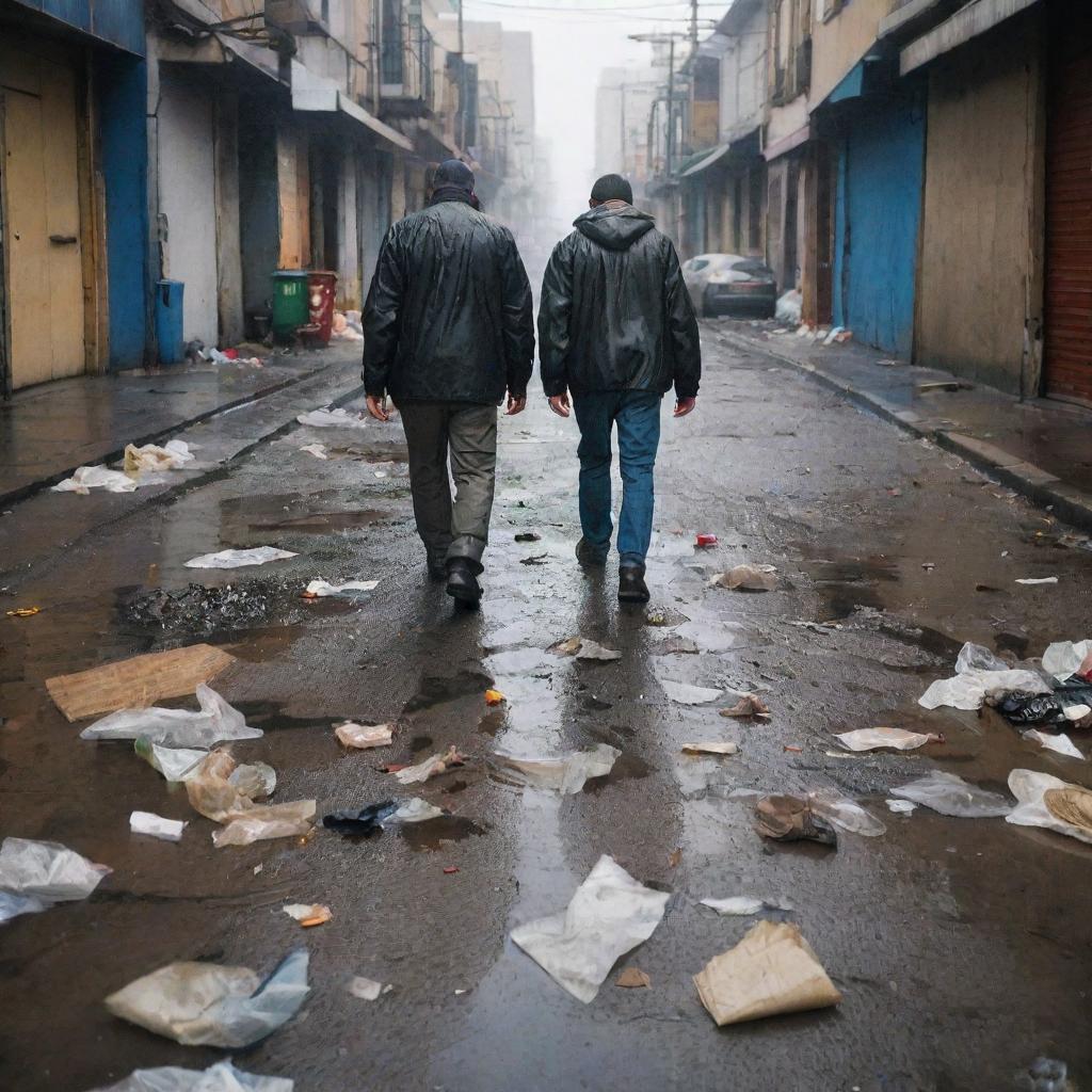 A figure walking among scattered trash, negotiating worn-out, wet streets with soaked shoes