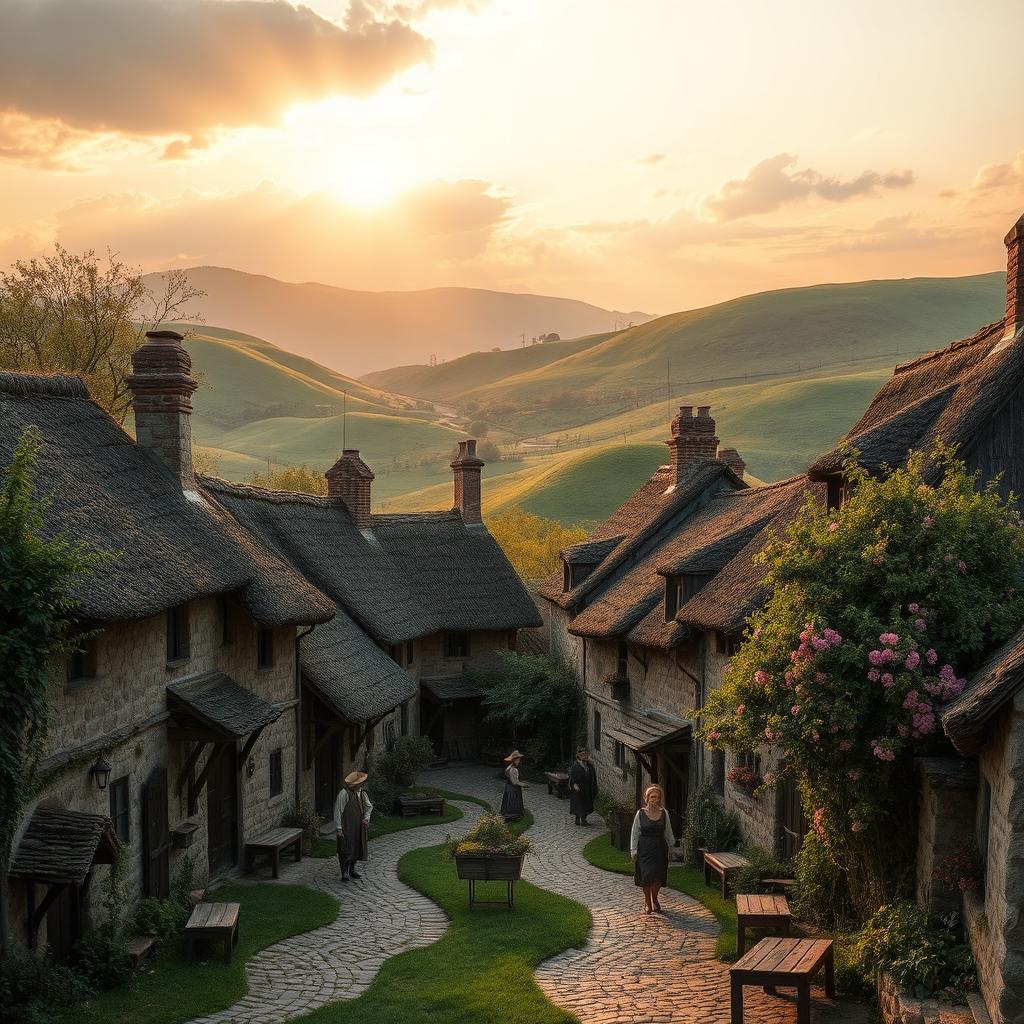 A quaint rustic village, nestled amidst rolling hills, under a warm golden sunset sky