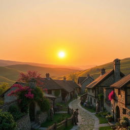 A quaint rustic village, nestled amidst rolling hills, under a warm golden sunset sky