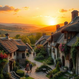 A quaint rustic village, nestled amidst rolling hills, under a warm golden sunset sky