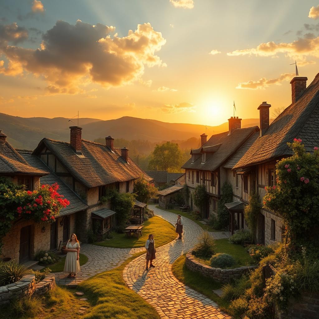 A quaint rustic village, nestled amidst rolling hills, under a warm golden sunset sky