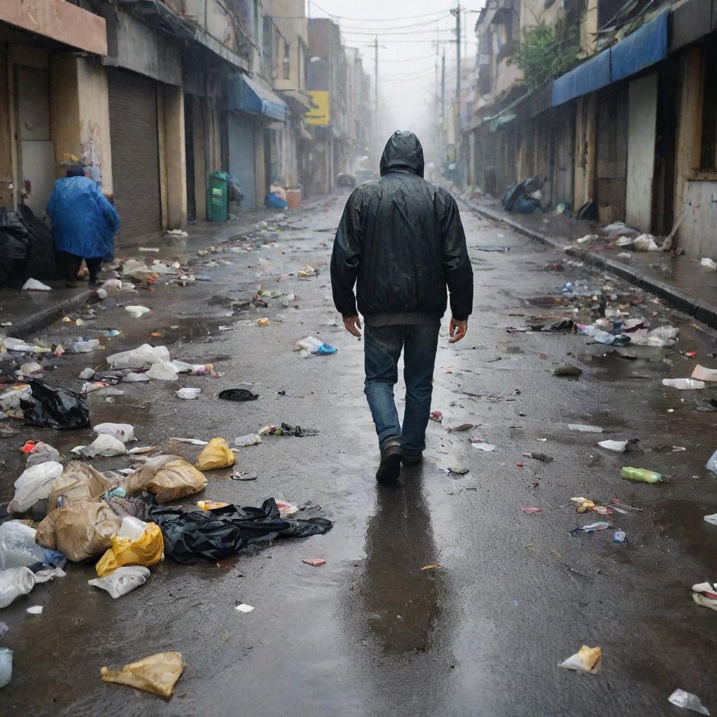 A figure walking among scattered trash, negotiating worn-out, wet streets with soaked shoes