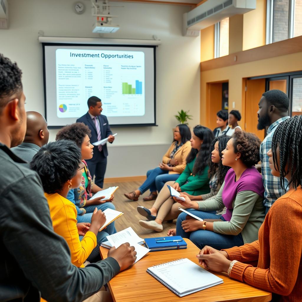 An engaging and informative scene depicting a diverse group of people learning about investment opportunities in a modern community center