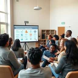 An engaging and informative scene depicting a diverse group of people learning about investment opportunities in a modern community center