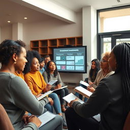 An engaging and informative scene depicting a diverse group of people learning about investment opportunities in a modern community center