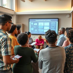 An engaging and informative scene depicting a diverse group of people learning about investment opportunities in a modern community center