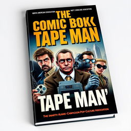 A striking book cover for "The Comic Book Tape Man" that features an ensemble of unique characters: a maniacal filmmaker with wild eyes and eccentric clothing, an egocentric tape enthusiast surrounded by reels of film, indicted tech-savvy siblings working intently on gadgets, and an unfiltered ex-felon comic book superfan showcasing charisma and grit