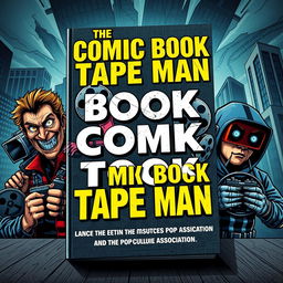 A striking book cover for "The Comic Book Tape Man" that features an ensemble of unique characters: a maniacal filmmaker with wild eyes and eccentric clothing, an egocentric tape enthusiast surrounded by reels of film, indicted tech-savvy siblings working intently on gadgets, and an unfiltered ex-felon comic book superfan showcasing charisma and grit