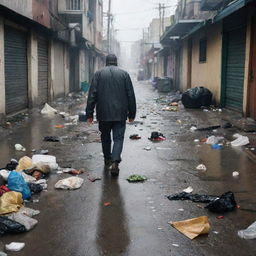 A figure walking among scattered trash, negotiating worn-out, wet streets with soaked shoes