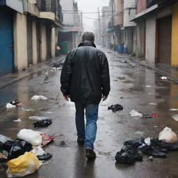 A figure walking among scattered trash, negotiating worn-out, wet streets with soaked shoes