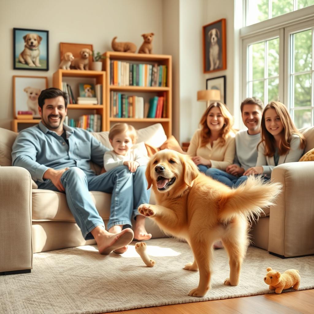 A warm and inviting scene of a family raising a dog in a cozy living room