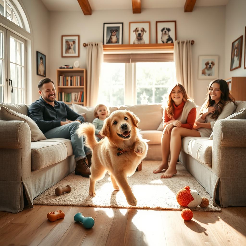 A warm and inviting scene of a family raising a dog in a cozy living room