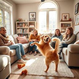 A warm and inviting scene of a family raising a dog in a cozy living room