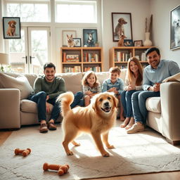 A warm and inviting scene of a family raising a dog in a cozy living room