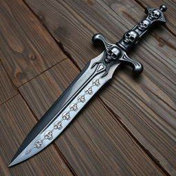 A dark silver pirate dagger adorned with menacing skull designs along the hilt and blade, casting a mysterious and ominous aura