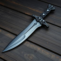 A dark silver pirate dagger adorned with menacing skull designs along the hilt and blade, casting a mysterious and ominous aura