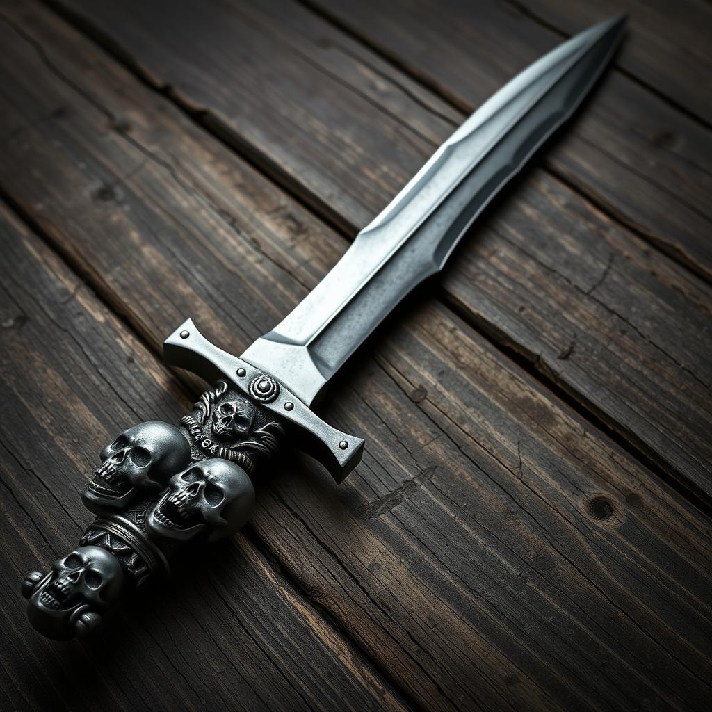 A dark silver pirate dagger adorned with menacing skull designs along the hilt and blade, casting a mysterious and ominous aura