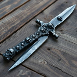 A dark silver pirate dagger adorned with menacing skull designs along the hilt and blade, casting a mysterious and ominous aura