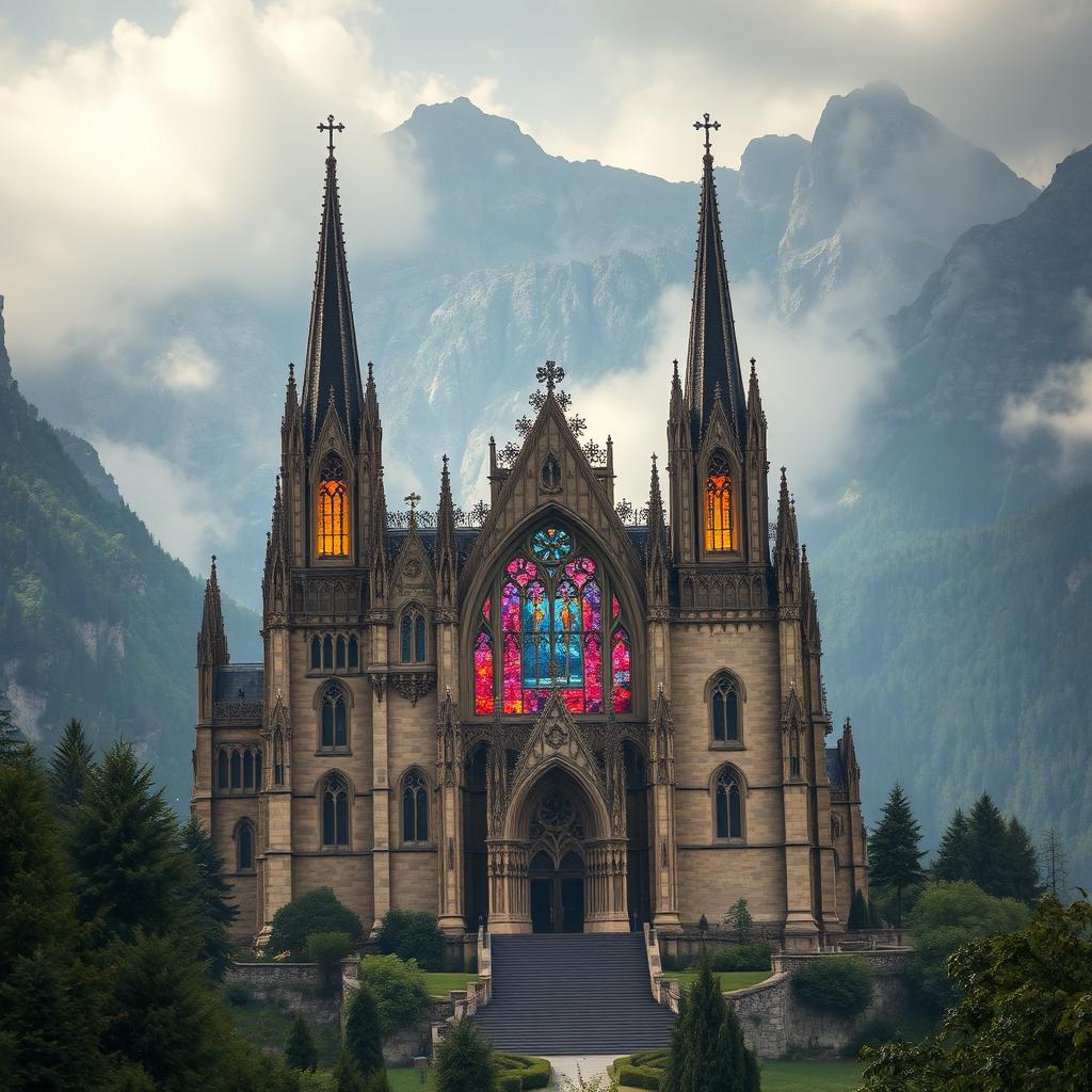 A magnificent gothic cathedral nestled within a breathtaking mountainous landscape