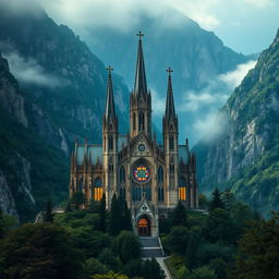 A magnificent gothic cathedral nestled within a breathtaking mountainous landscape