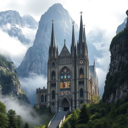 A magnificent gothic cathedral nestled within a breathtaking mountainous landscape