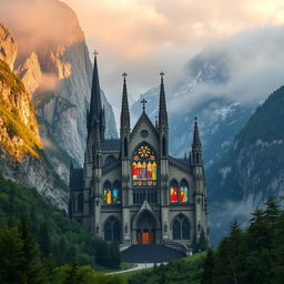 A magnificent gothic cathedral nestled within a breathtaking mountainous landscape