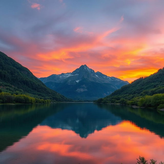 A serene and picturesque view of a tranquil lake surrounded by lush greenery, with a majestic mountain range in the background