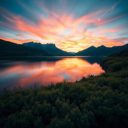 A serene and picturesque view of a tranquil lake surrounded by lush greenery, with a majestic mountain range in the background