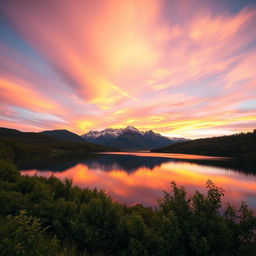 A serene and picturesque view of a tranquil lake surrounded by lush greenery, with a majestic mountain range in the background