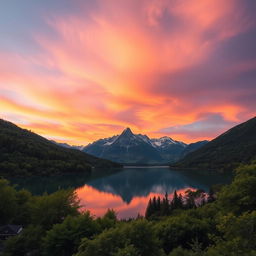 A serene and picturesque view of a tranquil lake surrounded by lush greenery, with a majestic mountain range in the background