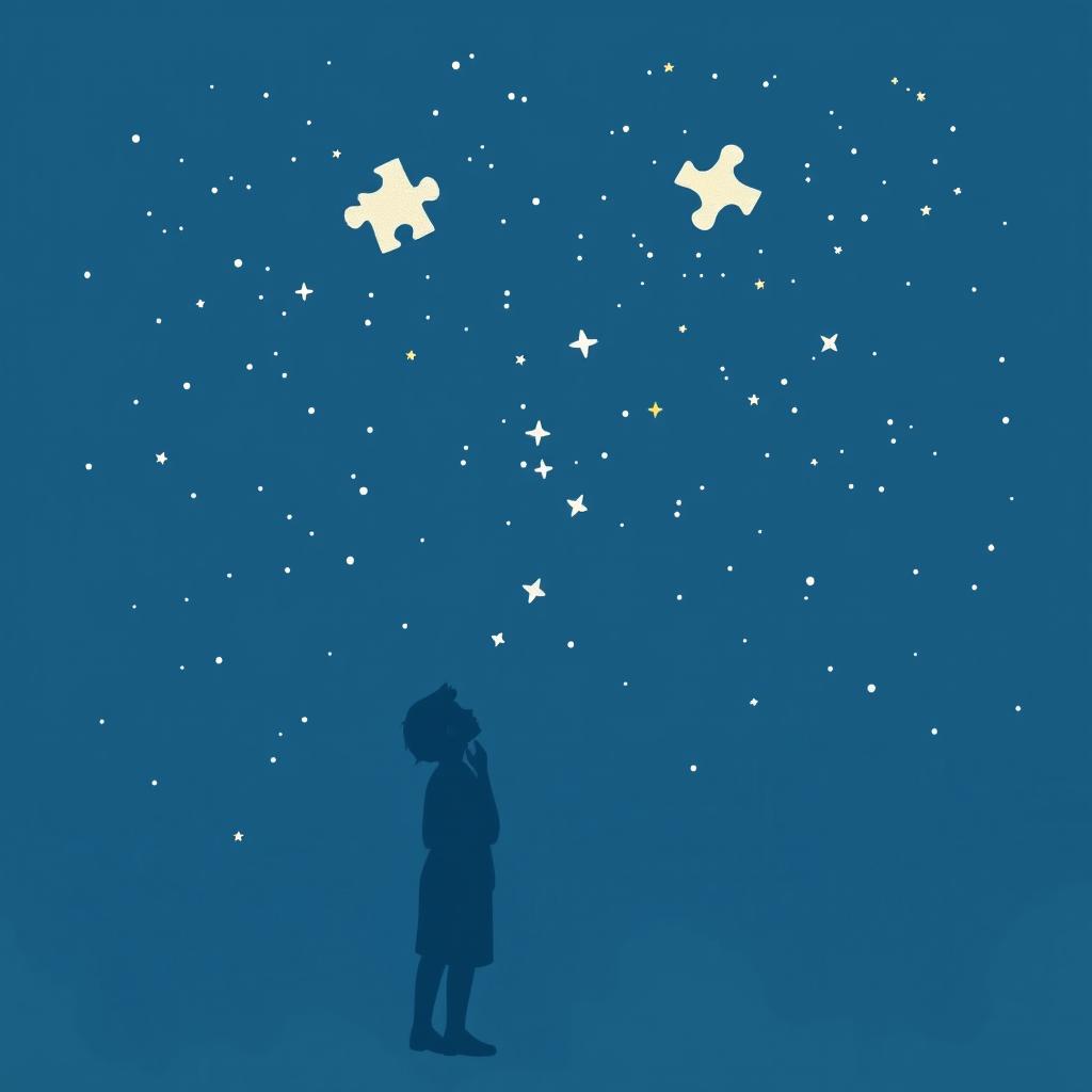 A navy blue-themed illustration featuring a starry sky