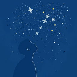 A navy blue-themed illustration featuring a starry sky