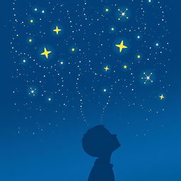 A navy blue-themed illustration featuring a starry sky