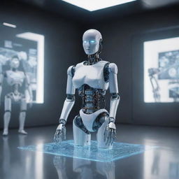 A futuristic concept photograph featuring holographic technology, smart devices, artificial intelligence and advanced robotics.