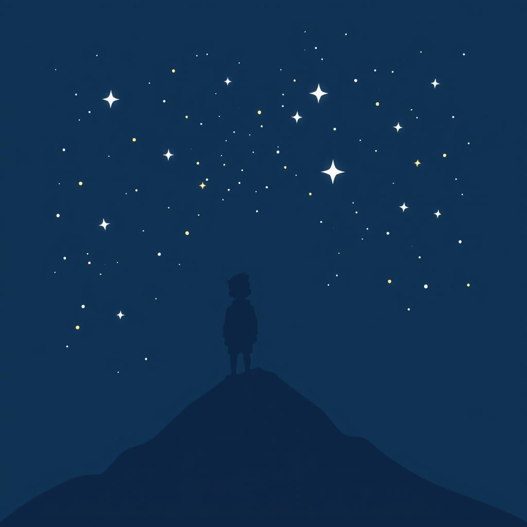 A navy blue-themed illustration depicting a starry sky