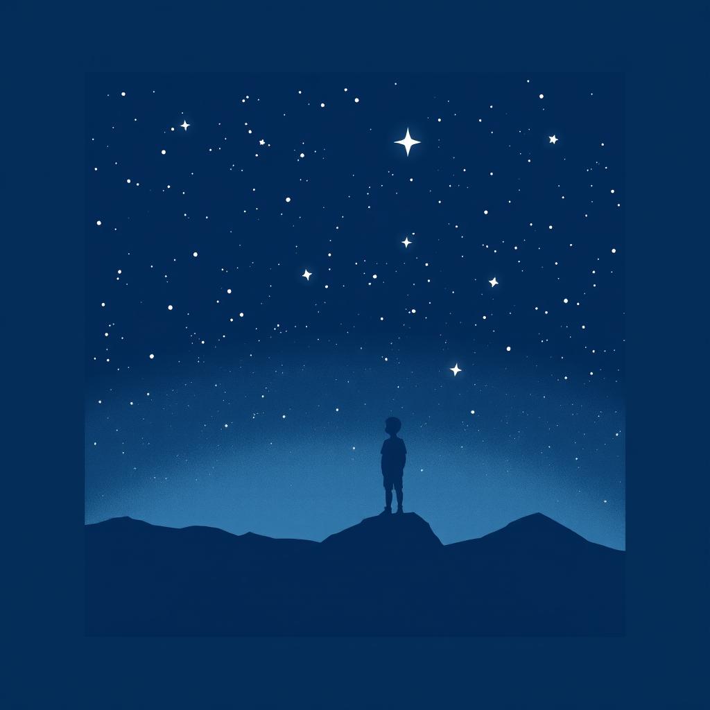 A navy blue-themed illustration depicting a starry sky