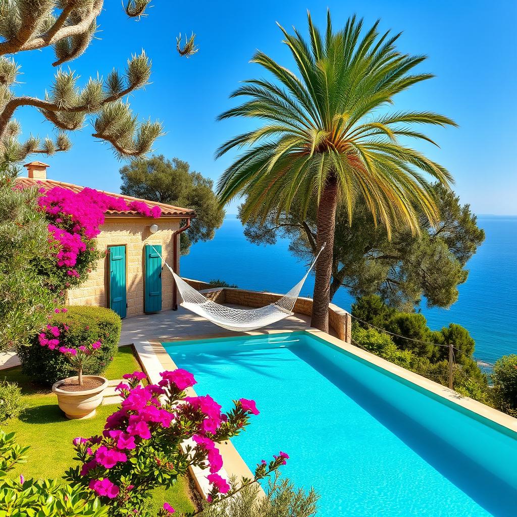 An image of a Mediterranean villa surrounded by lush gardens, with a turquoise swimming pool reflecting the clear blue sky