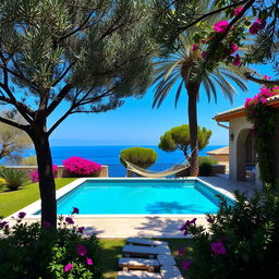 An image of a Mediterranean villa surrounded by lush gardens, with a turquoise swimming pool reflecting the clear blue sky