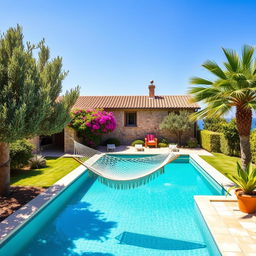 An image of a Mediterranean villa surrounded by lush gardens, with a turquoise swimming pool reflecting the clear blue sky