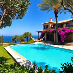 An image of a Mediterranean villa surrounded by lush gardens, with a turquoise swimming pool reflecting the clear blue sky