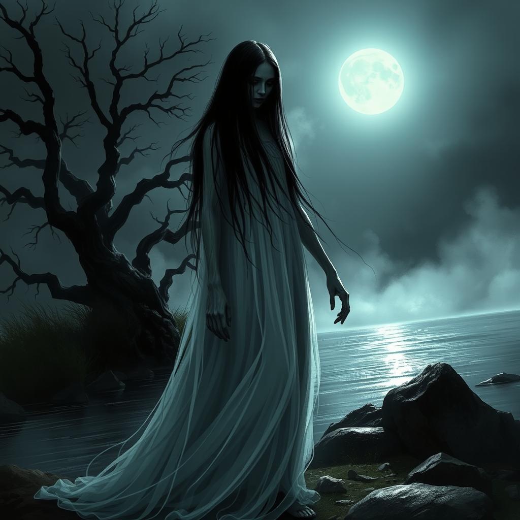 A haunting depiction of La Llorona, the legendary ghostly figure from Latin American folklore