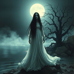 A haunting depiction of La Llorona, the legendary ghostly figure from Latin American folklore