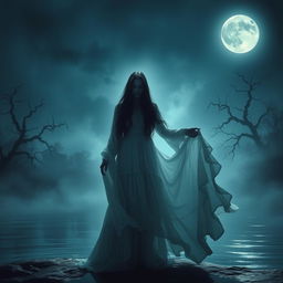 A haunting depiction of La Llorona, the legendary ghostly figure from Latin American folklore