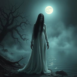 A haunting depiction of La Llorona, the legendary ghostly figure from Latin American folklore