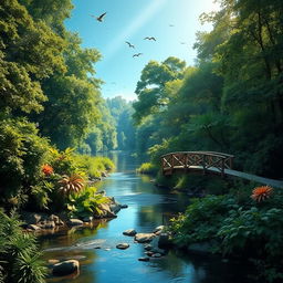 A serene landscape depicting a tranquil river flowing through a lush, green forest